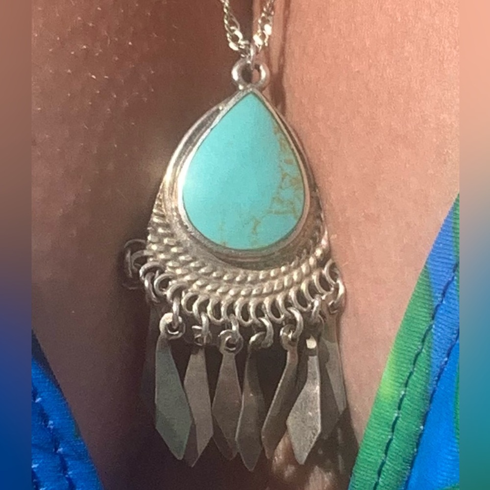Native Sterling Turquoise Dangle Drop Pendant Necklace 8.86 grams